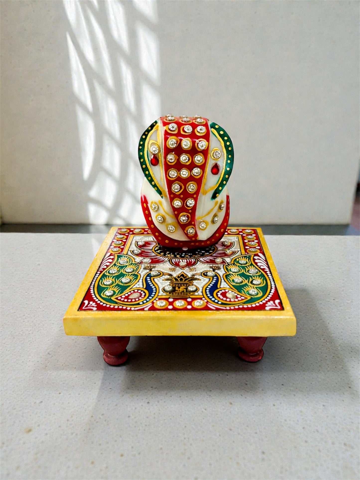 Marble white Ganesha statue with Baajot chowki Ganesha