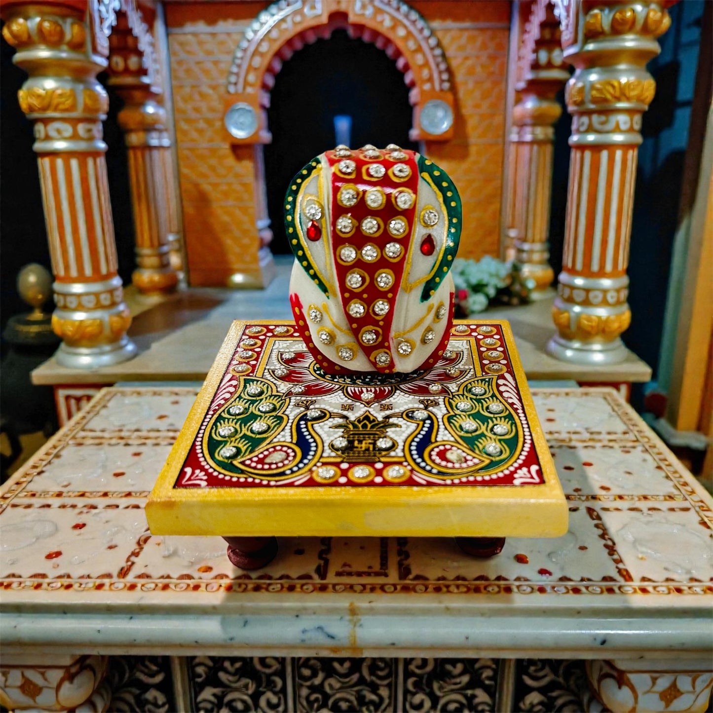 Marble white Ganesha statue with Baajot chowki Ganesha