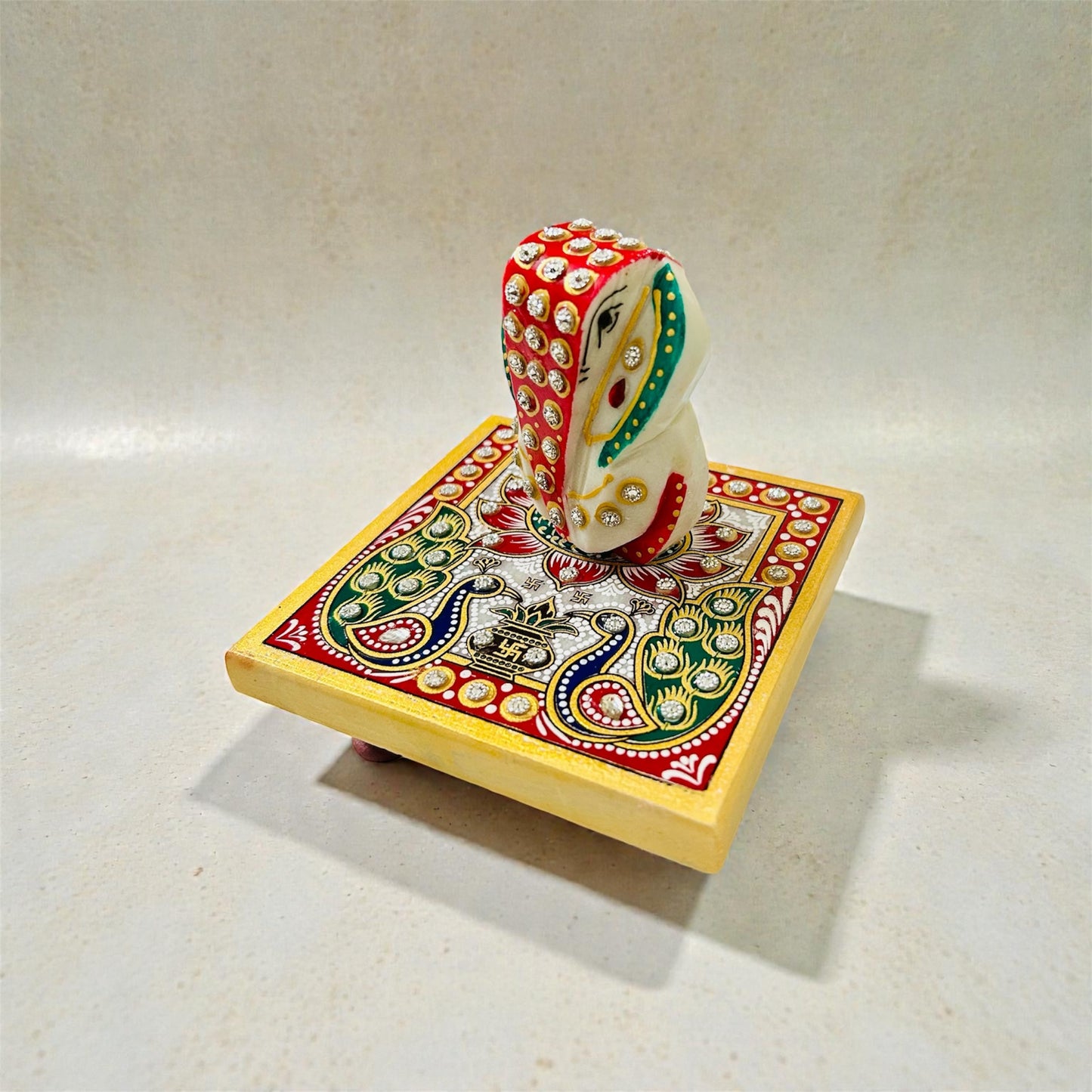 Marble white Ganesha statue with Baajot chowki Ganesha