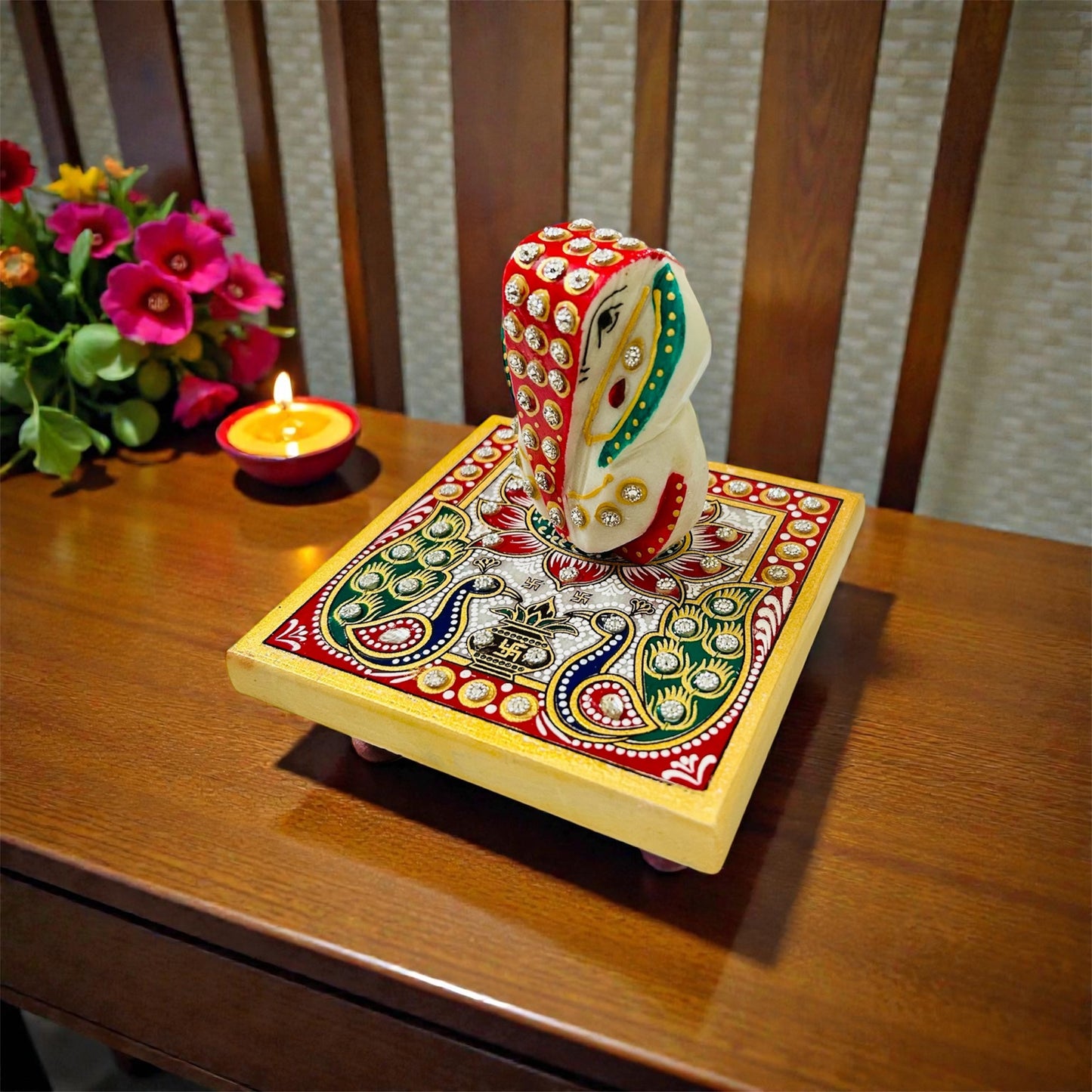 Marble white Ganesha statue with Baajot chowki Ganesha