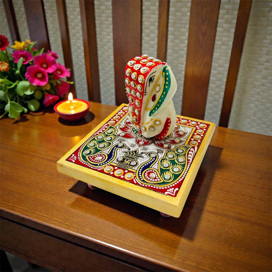 Marble white Ganesha statue with Baajot chowki Ganesha